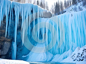 Frozen Waterfall in a Winter Forest. AI generated