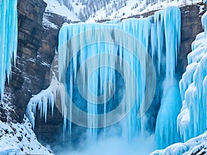 Frozen Waterfall in a Winter Forest. AI generated