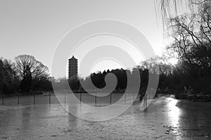 Frozen weiminghu lake of peking university in winter, black and white image