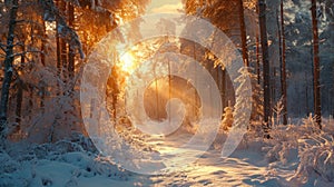 Frozen Wilderness, Wide Shot of a Snow-Covered Forest, Sun Peeking Through Icy Trees, Silence and Stillness of Nature in