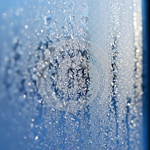 Frozen Window with Intricate Ice Crystal Patterns on Blue Background