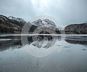 A frozen winter lake with ice forming