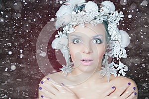 Frozen woman with tree hairstyle and makeup at Christmas, winter