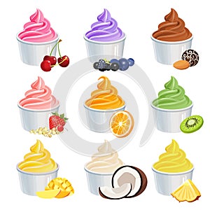 Frozen yogurt cups icons set with fruits and vanilla. Vector