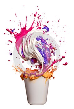 frozen yogurt, sundae, vanilla ice cream with fruit topping, appetizing sweet dessert, fruity colorful syrup splashes, isolated
