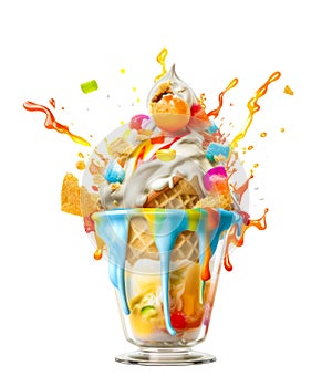 frozen yogurt, sundae, vanilla ice cream with fruit topping, appetizing sweet dessert, fruity colorful syrup splashes, isolated