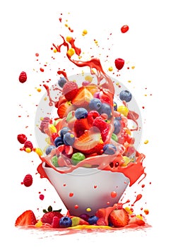 frozen yogurt, sundae, vanilla ice cream with fruit topping, berries and fruits, appetizing sweet dessert, fruity colorful syrup