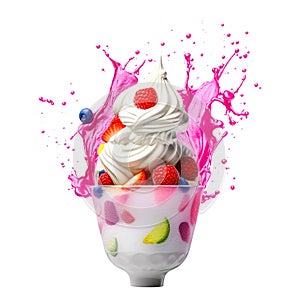 frozen yogurt, sundae, vanilla ice cream with fruit topping, berries and fruits, appetizing sweet dessert, fruity colorful syrup