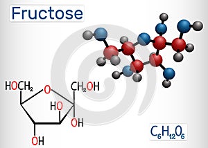 Fructose, alpha-D-fructofuranose molecule. Cyclic form. Structural chemical formula and molecule model