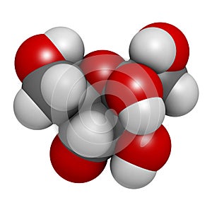 Fructose (D-fructose) fruit sugar molecule. Component of high-fructose corn syrup (HFCS). Atoms are represented as spheres with