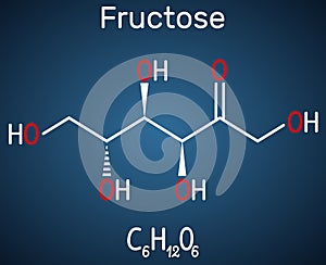 Fructose, D-fructose molecule. Linear form. Structural chemical formula on the dark blue background
