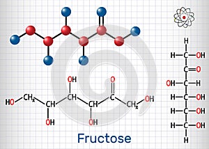 Fructose, D-fructose molecule. Linear form. Structural chemical formula and molecule model. Sheet of paper in a cage