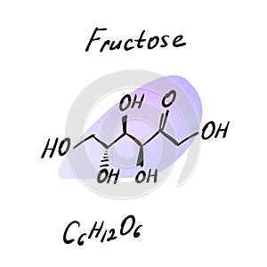Fructose (D-fructose) fruit sugar molecule formula, high-fructose corn syrup (HFCS) component