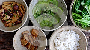 Frugal meal with vegetarian food, jackfruit,tofu skin cook with sauce, boiled vegetable