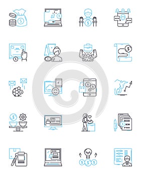 Frugal spending linear icons set. Budgeting, Savings, Thrift, Economical, Circumspect, Frugality, Miserly line vector