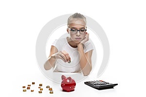 Frugal Teenage Girl Posing With Coins Making Savings with Moneybox