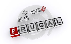 frugal word block on white