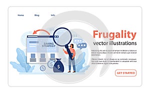 Frugality web banner or landing page. Financial crisis. Young woman