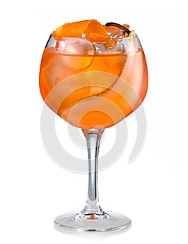 Fruit alcohol cocktail with pear and orange slice isolated