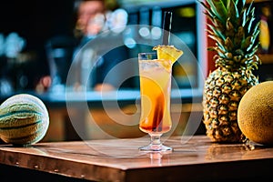 Fruit alcoholic cocktail with pinapple and melon in a bar on a blurry pub background