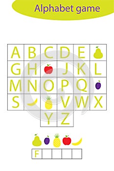 Fruit alphabet game for children, make a word, preschool worksheet activity for kids, educational spelling scramble game