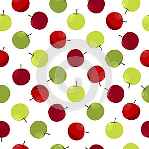 Fruit apple bright summer seamless pattern with the image of ripe red and green apples and leaves. Vector illustration