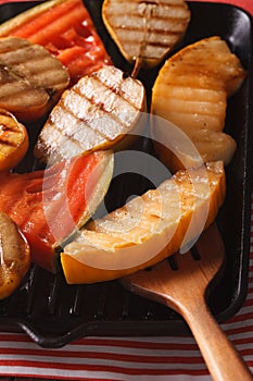 fruit apples, melon, pears, watermelon on a grill pan macro. vertical