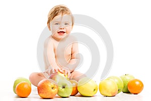 Fruit for Baby, Happy Child Girl with Apples sitting over White