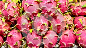 Fruit backdrop with vibrant pink dragon fruit stacked at a market