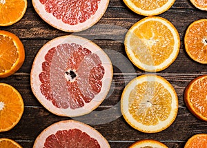 Fruit background. Fresh citrus orange, grapefruit, tangerine top