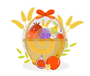 Fruit Basket icon, flat, cartoon style. Jewish holiday Shavuot, food concept. Pomegranate, grapes, wheat, olives