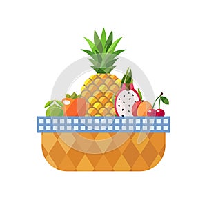 Fruit basket isolated (lime, persimmon, pineapple, dragon fruit, peach and cherry). Modern flat design.