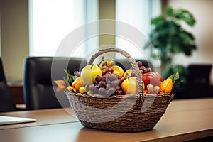 a fruit basket on an office desk