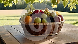 A fruit basket is placed on a wooden table under the tree photo