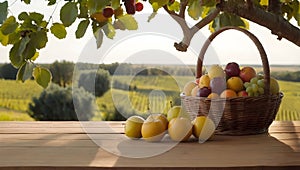 A fruit basket is placed on a wooden table photo