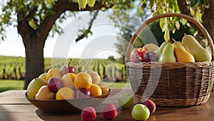 A fruit basket is placed on a wooden table photo