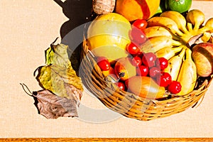 Fruit basket with textured background.