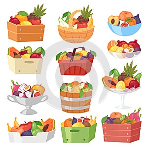Fruit basket vector fruity apple banana and exotic papaya in box illustration fruitful set juicy orange with fresh