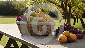 A fruit baskets is placed on a wooden table background of fruit trees photo