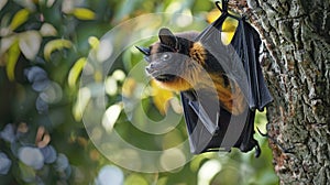 fruit bat hanging on tree in forest