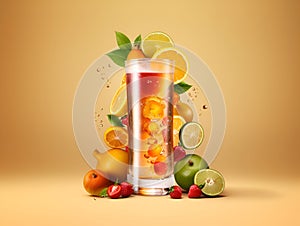 Fruit beer poster, banner design template. Illustration of fruit beer glass with fruits and citrus around. Juicy sweet beer