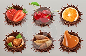 Fruit, berries and nuts. Chocolate splash 3d vector icon set