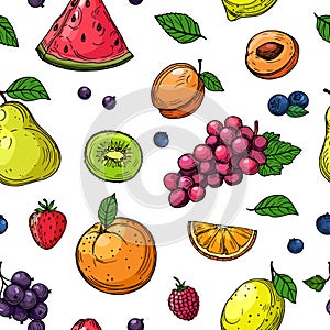 Fruit and berries seamless pattern. Orange and grapes, kiwi pear, watermelon and strawberry, raspberry peach fruit