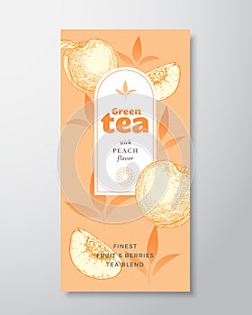 Fruit and Berries Tea Label Template. Abstract Vector Packaging Design Layout with Realistic Shadows. Hand Drawn Peach