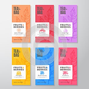 Fruit and Berries Tea Labels Set. Abstract Vector Packaging Design Layouts Bundle. Modern Typography, Hand Drawn Tea