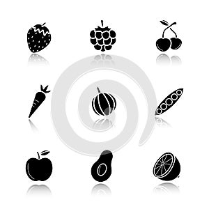 Fruit, berries and vegetables drop shadow black icons set