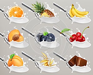 Fruit and berries yogurt. Milk splash. 3d vector icon set