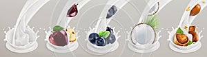 Fruit, berries and yogurt. Realistic illustration. Vector icon set