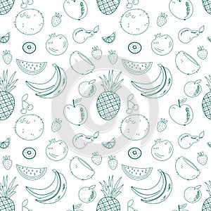 Fruit and berry background, abstract food seamless pattern. Fresh fruits wallpaper with apple, banana, strawberry