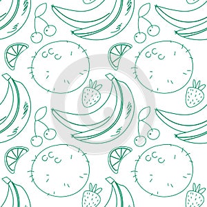 Fruit and berry background, abstract food seamless pattern. Fresh fruits wallpaper with banana, strawberry line icons